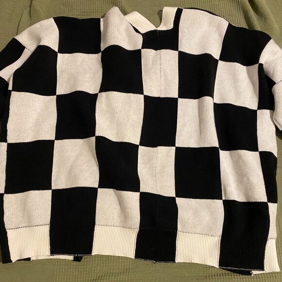 Dressed in Lala - Love You Oversized Checkerboard Cardigan in Black + White S/M - Picture 2 of 4